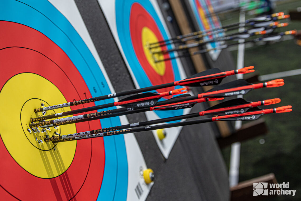 Mike Schloesser’s target during qualification at the first stage of the 2021 Hyundai Archery World Cup in Guatemala City.