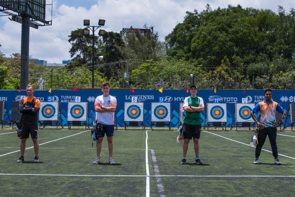The recurve men’s final four at the first stage of the 2021 Hyundai Archery World Cup in Guatemala.