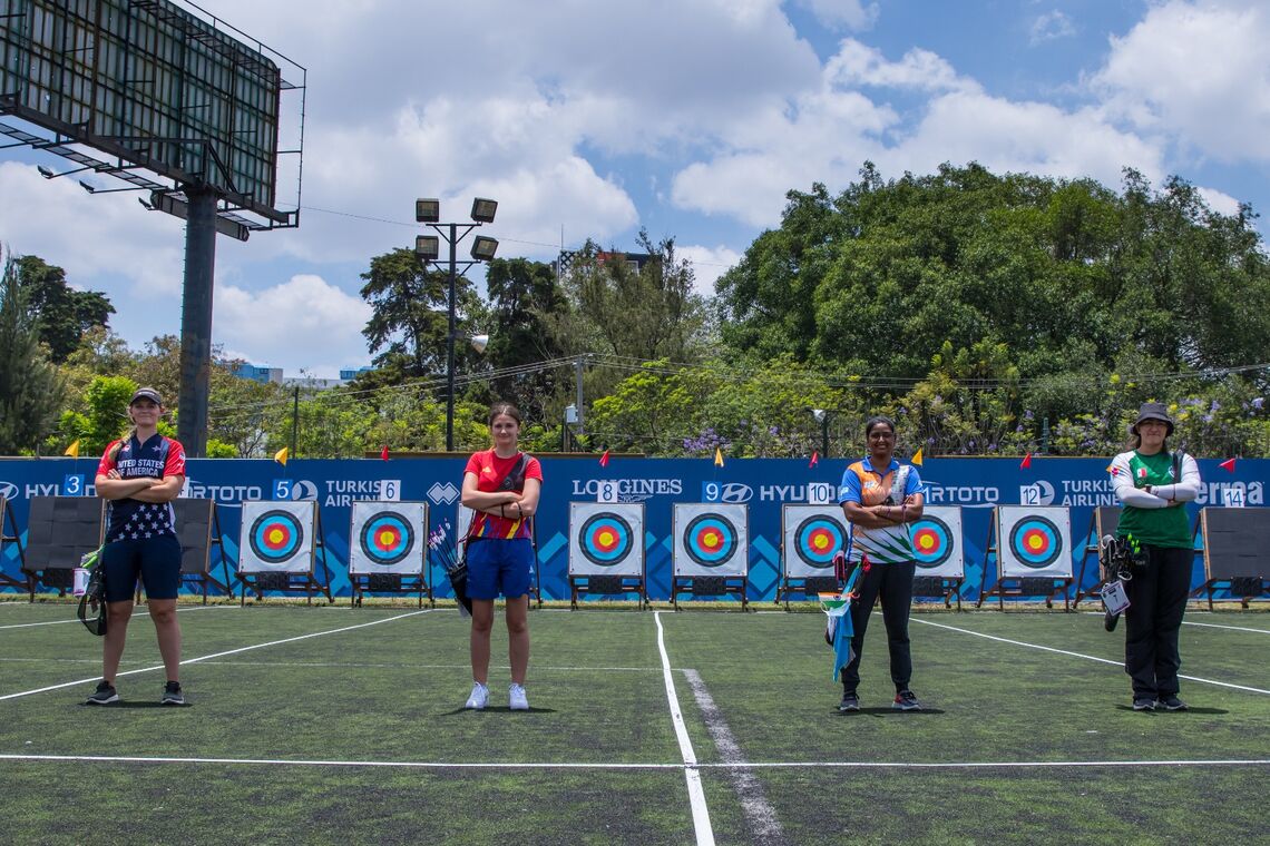 The recurve women’s final four at the first stage of the 2021 Hyundai Archery World Cup in Guatemala.