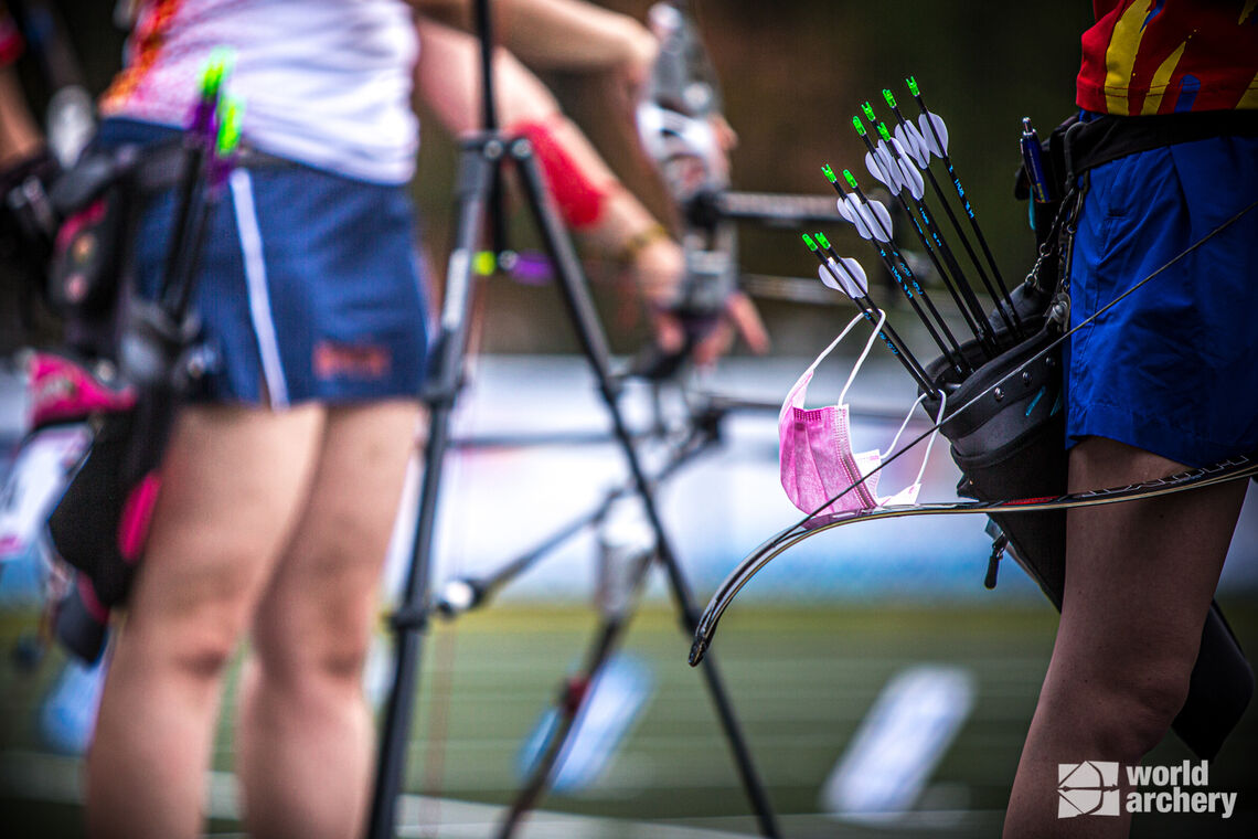 A close-up of archers on the line at the first stage of the 2021 Hyundai Archery World Cup in Guatemala City.
