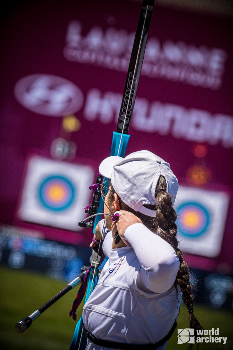 Audrey Adiceom shoots during the semifinals at the second stage of the Hyundai Archery World Cup in 2021.