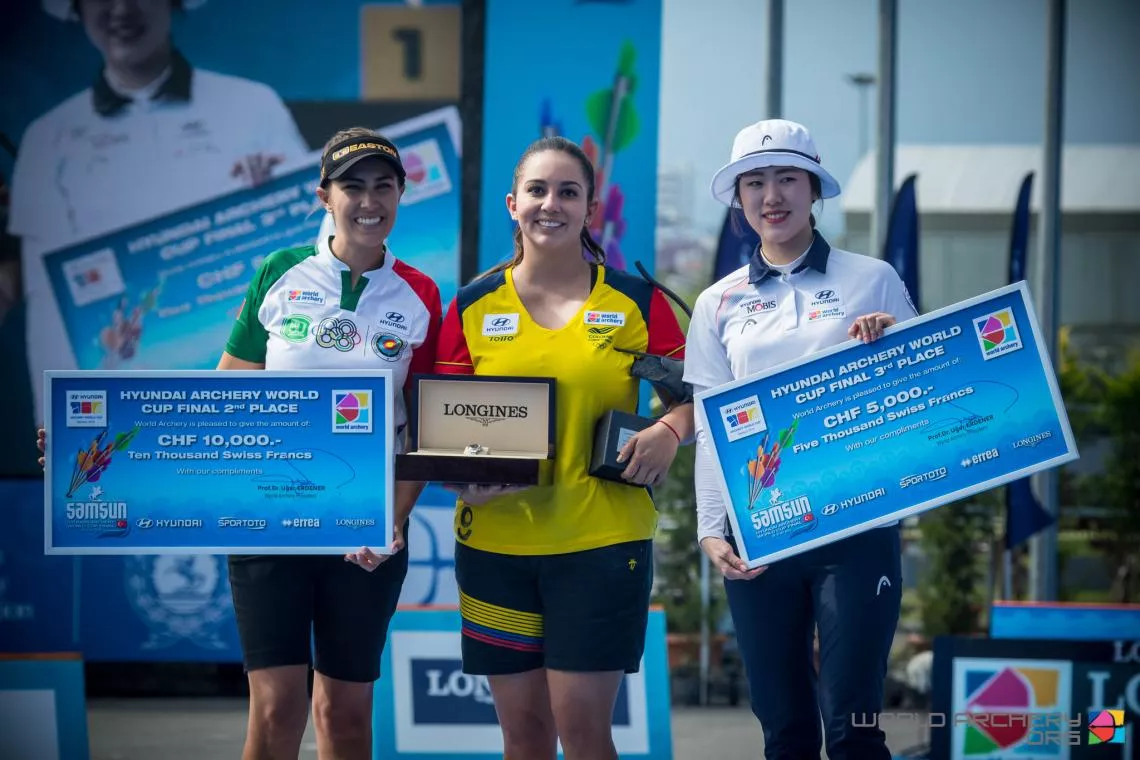 Linda Ochoa-Anderson celebrates her silver medal at the Hyundai Archery World Cup Final in 2018.