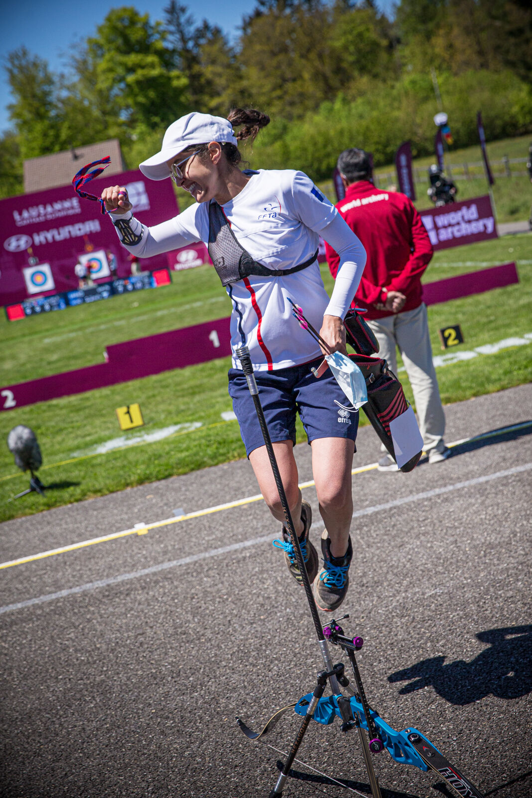 Audrey Adiceom celebrates winning bronze during the second stage of the Hyundai Archery World Cup in 2021.