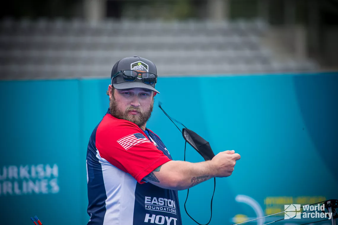 Kris Schaff in the arena at the third stage of the 2021 Hyundai Archery World Cup in Paris.