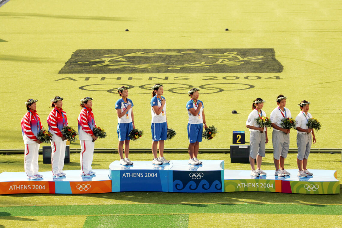 The Korean women’s team on the podium at the 2004 Olympics.