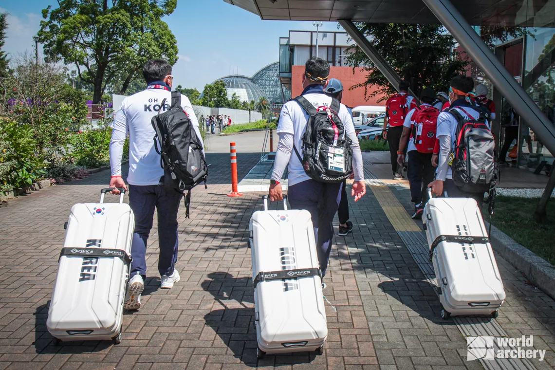 The Korean men arrive for training at the Tokyo 2020 Olympic Games.