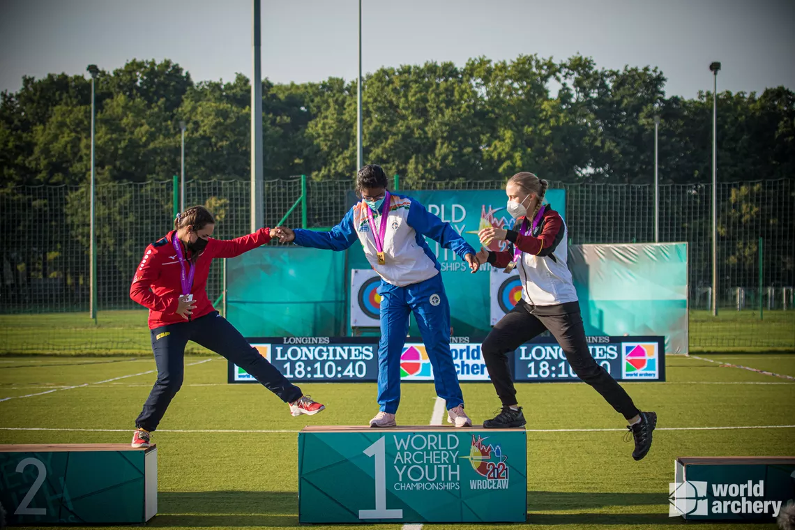 Archers collect on the podium at the 2021 World Archery Youth Championships in Wroclaw.