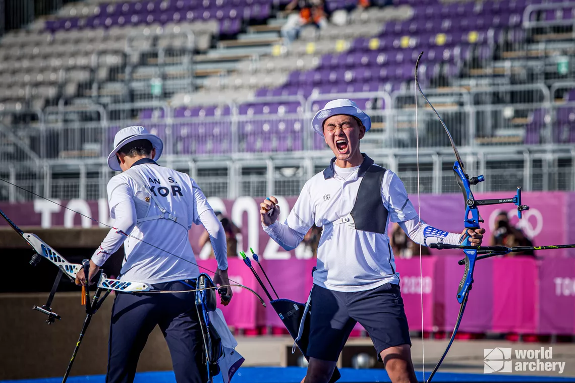 Kim Je Deok roars during the mixed team matches at the Tokyo 2020 Olympic Games.
