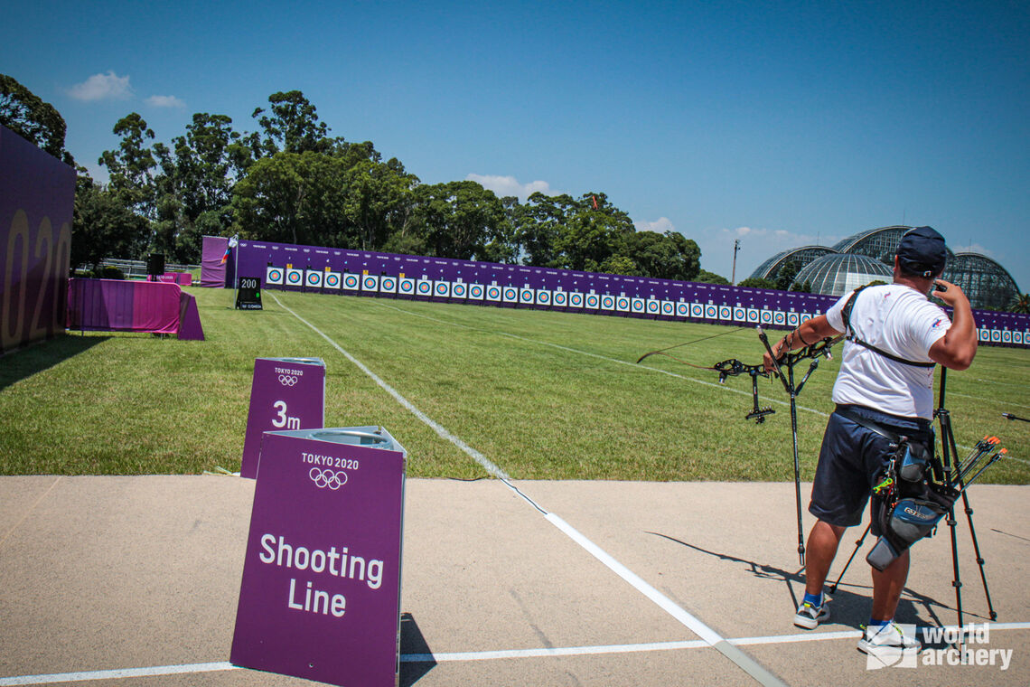 An archer shoots during practice at the Tokyo 2020 Olympic Games.