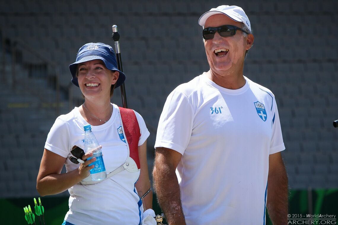 Evangelia Psarra with her coach, and husband at Baku 2015