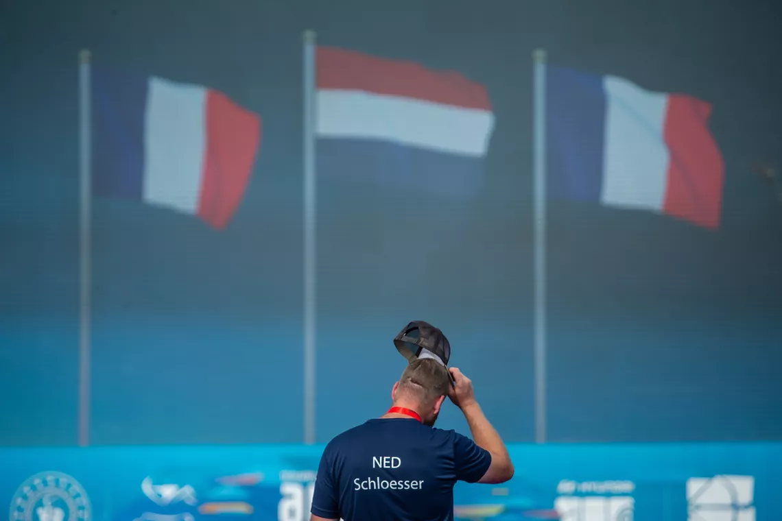 Mike Schloesser taking his hat off for the Dutch national anthem at Antalya 2022