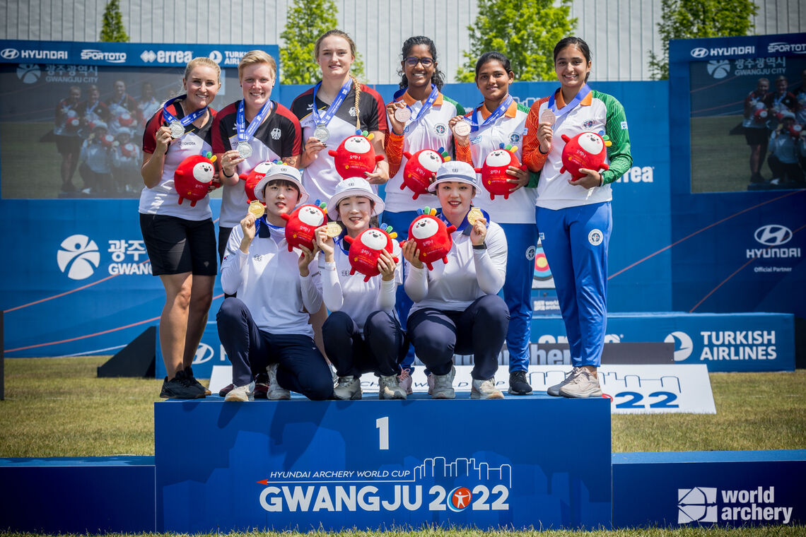 The recurve women's team podium at Gwangju 2022
