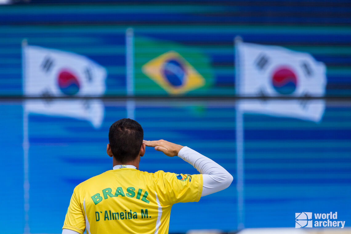 Brazil's Marcus D'Almeida salutes his flag after gold at Paris 2022