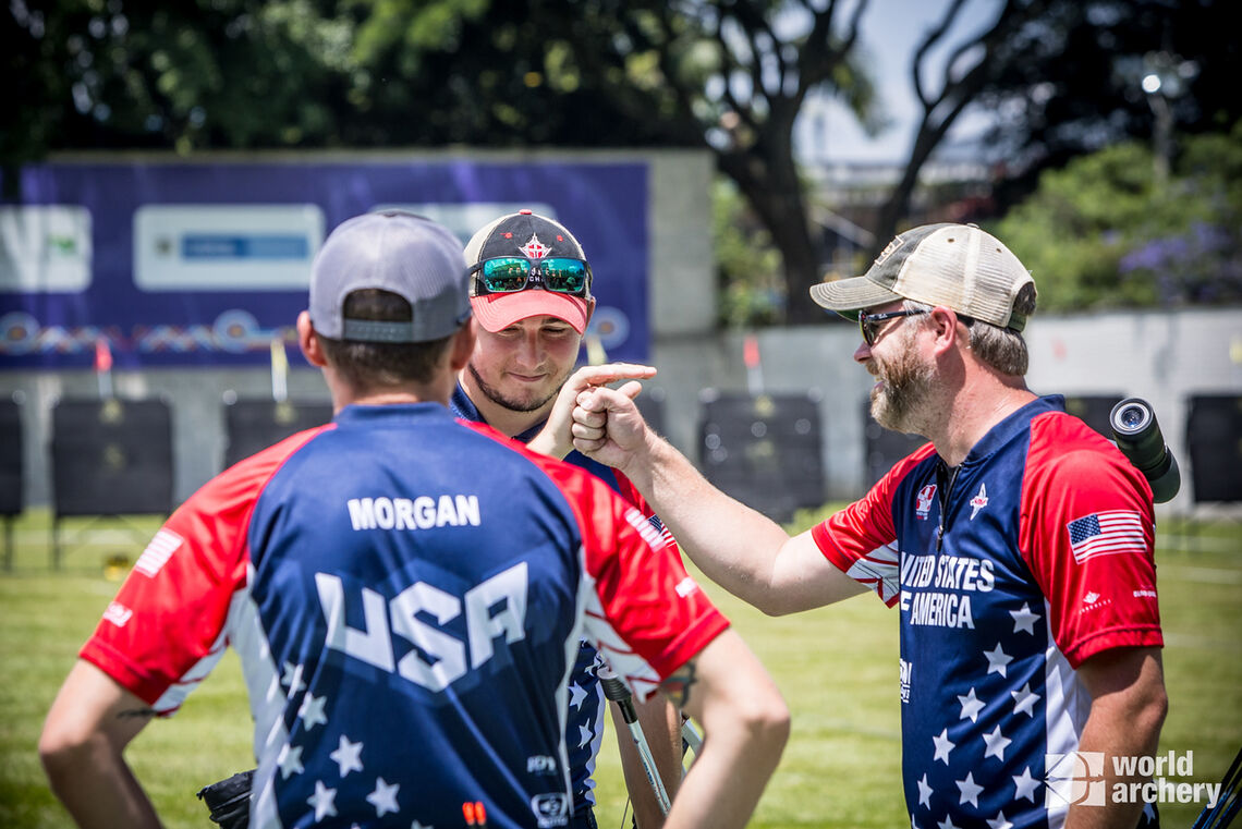 USA men's compound team celebrate their bronze at Medellin 2022
