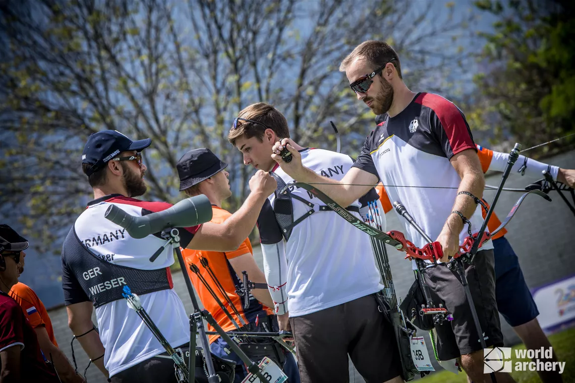 Germany's recurve men's team celebrate bronze at Medellin 2022