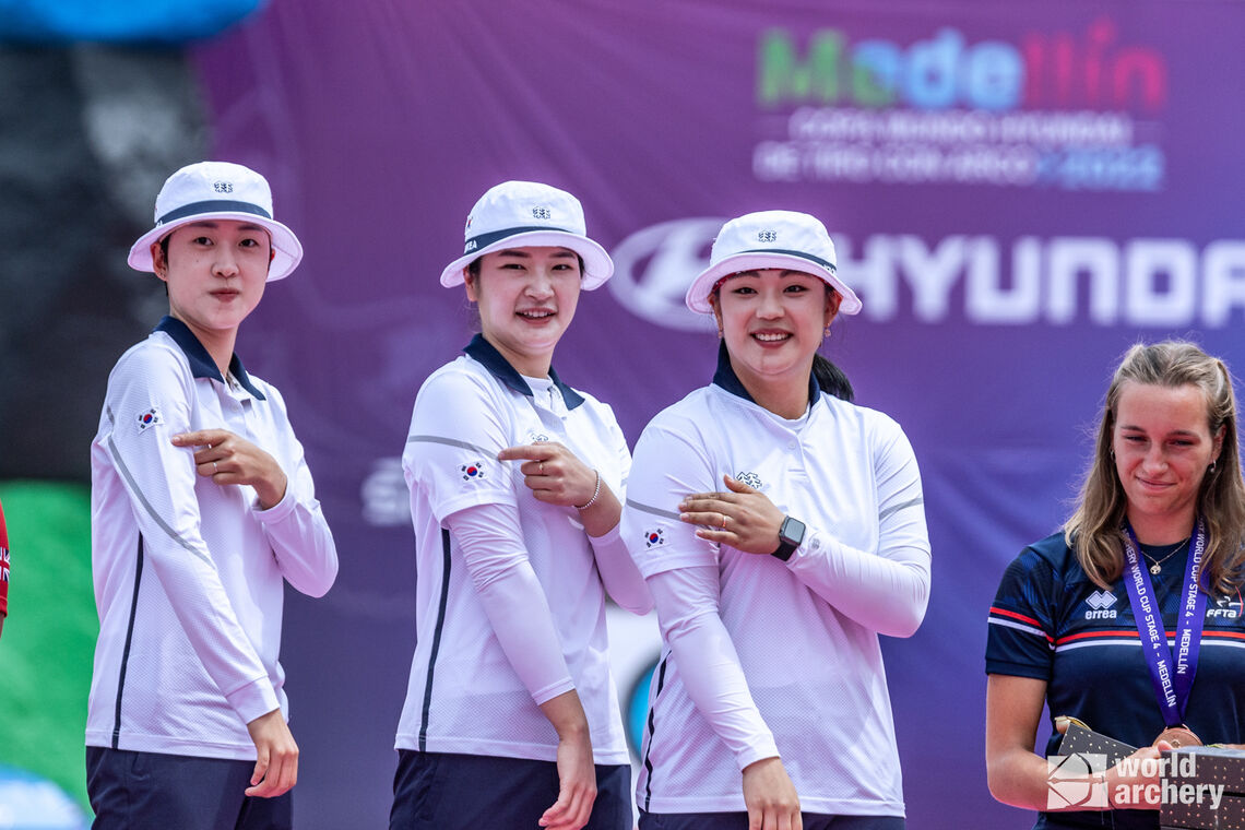 The Korean recurve women celebrate gold in Medellin