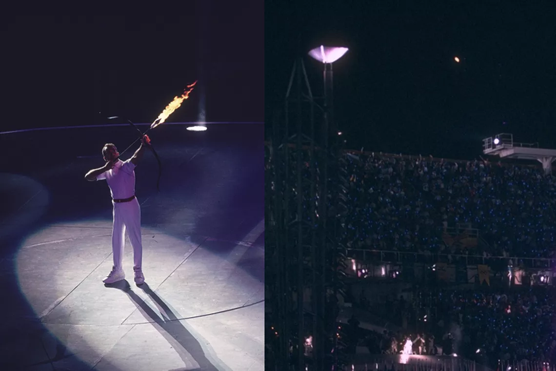 Antonio Rebollo lights the Olympic cauldron with a flaming arrow at Barcelona 1992.