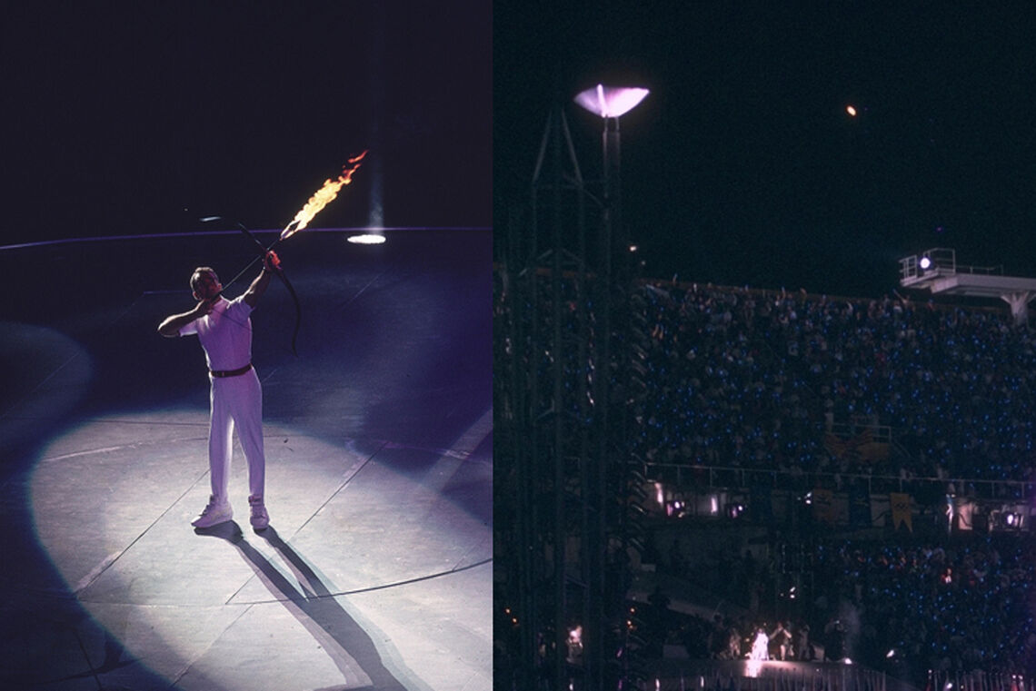 Antonio Rebollo lights the Olympic cauldron with a flaming arrow at Barcelona 1992.