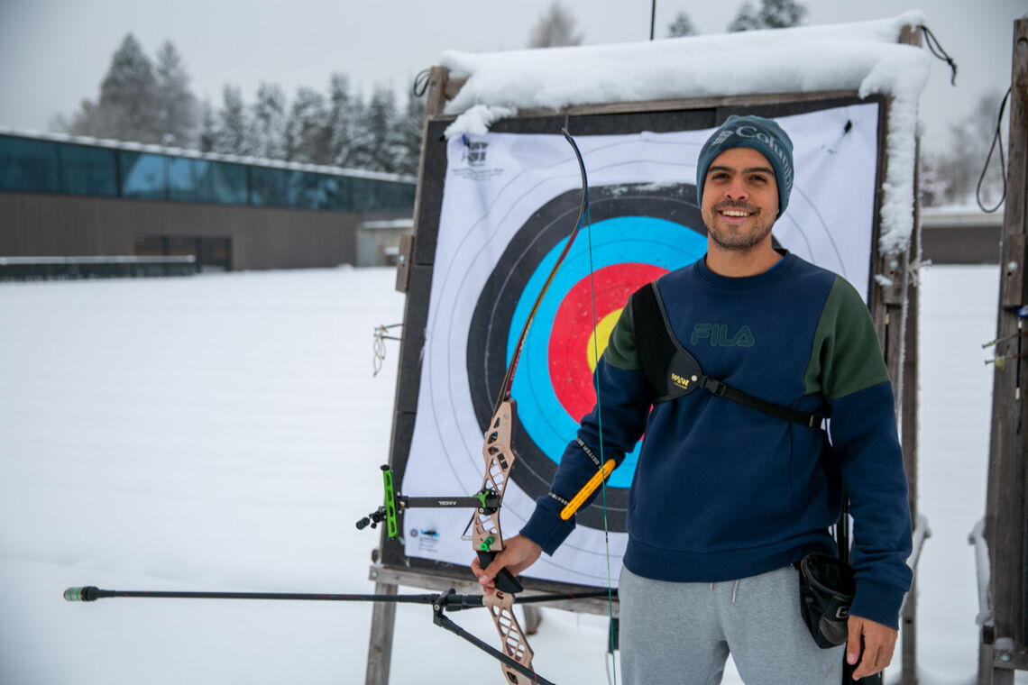 Bernardo experiencing winter at World Archery Excellence Centre in Lausanne.