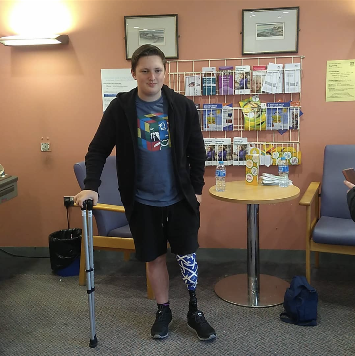 Cameron Radigan leaving hospital after surgery.