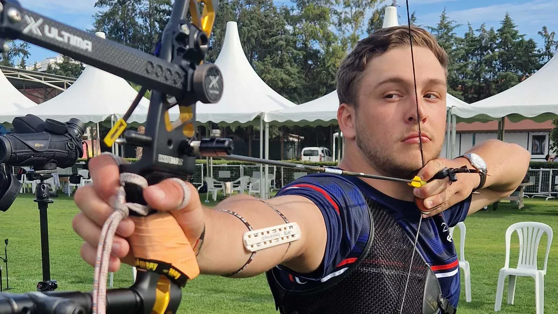 Nicolas Bernardi shooting at the Antalya 2023 Hyundai Archery World Cup.