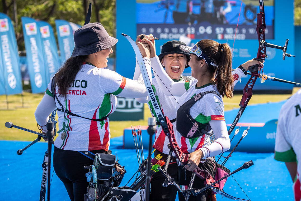 Mexican recurve women celebrate winning first World Cup gold.