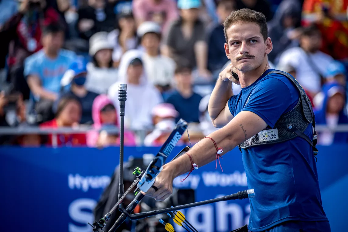 Marcus D’Almeida on top at the Shanghai 2023 Hyundai Archery World Cup.