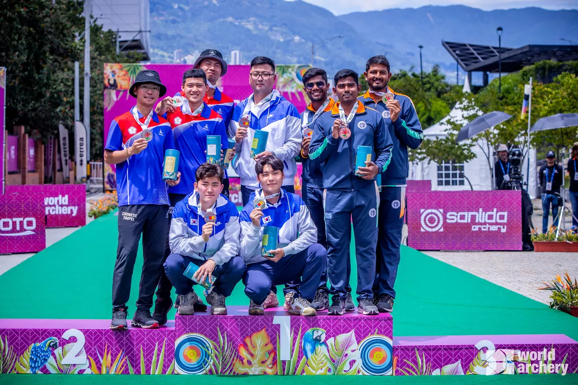 Recurve men’s team podium at Medellin 2023.