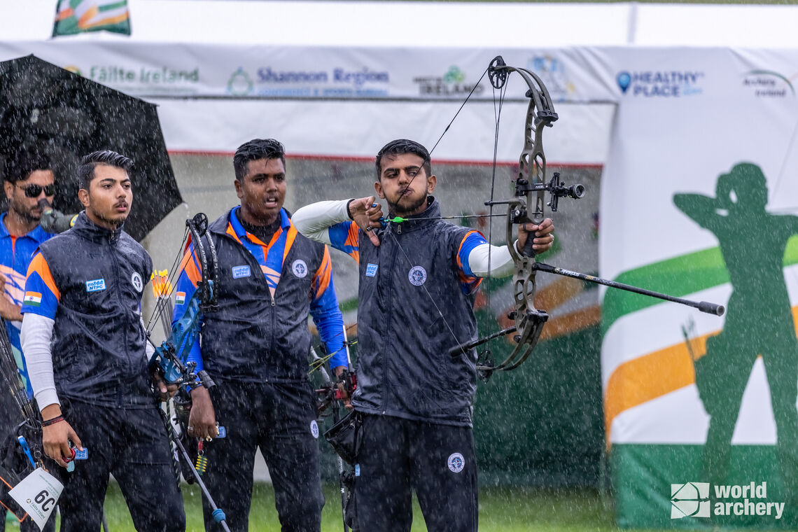 Compound under-21 men’s team of India under heavy rain in Ireland.