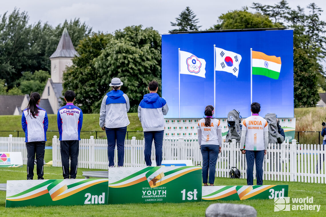 A familiar line-up on the recurve under-21 mixed team podium: Korea, Chinese Taipei and India.