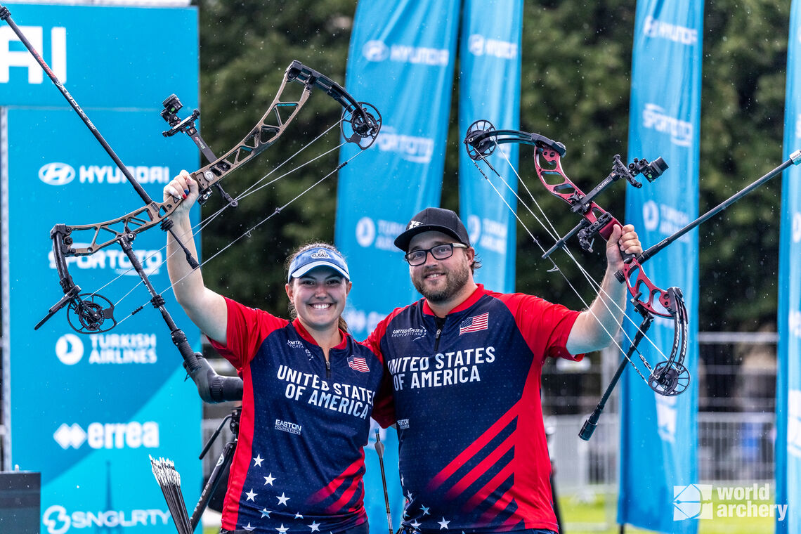 Kris Schaff and Alexis Ruiz won compound mixed team gold in Paris.