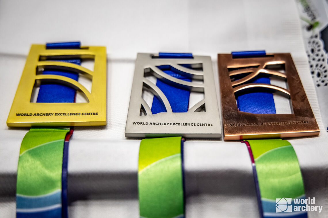 The medals for the Lausanne Challenge at the World Archery Excellence Centre.
