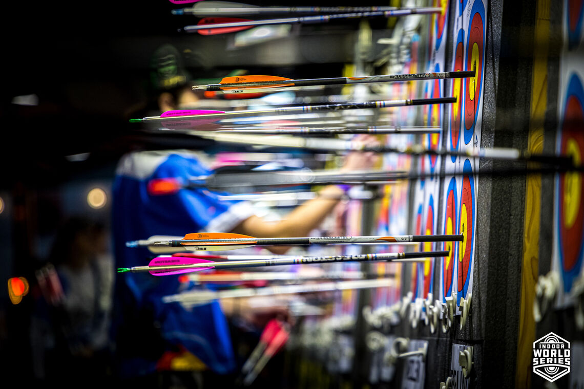Arrows on targets at Nimes 2023 Indoor Archery Tournament.