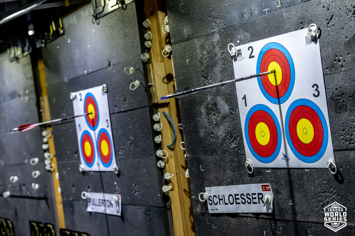 Schloesser’s arrow (pictured far) was closer to the centre. He would go on to win the event. Fullerton was eliminated after shooting nothing but 10s.