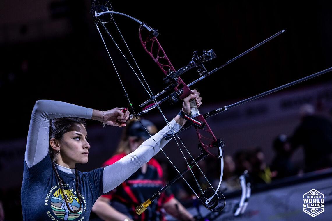 Elisa Roner draws her bow during the 2024 Indoor Archery World Series Finals in Las Vegas.
