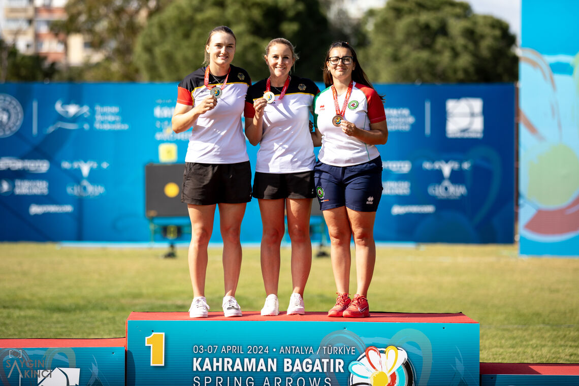 Recurve women's podium at the Spring Arrows tournament