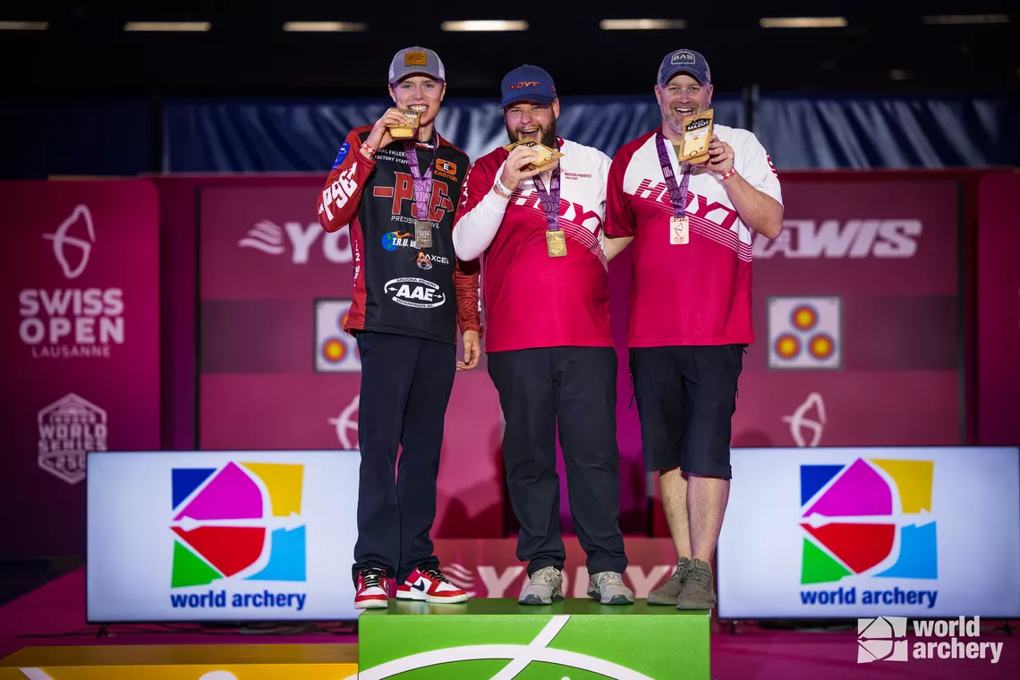 Mike Schloesser, Mathias Fullerton, Braden Gellenthien on the compound men podium.