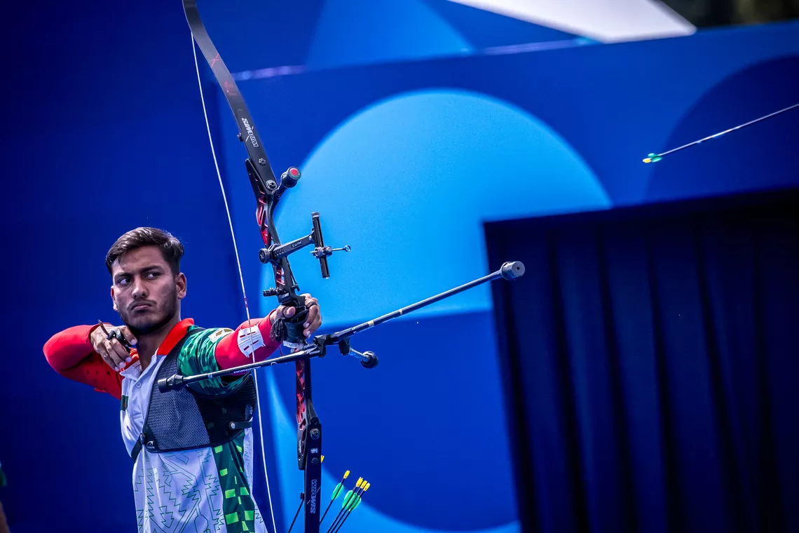 Md Sagor Islam shooting at Paris 2024 Olympic Games.