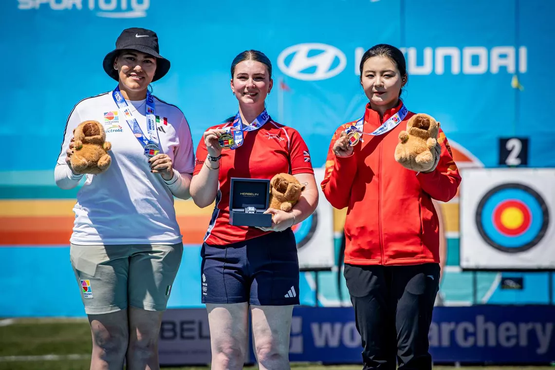 The recurve women’s podium at the Central Florida 2025 Hyundai Archery World Cup.
