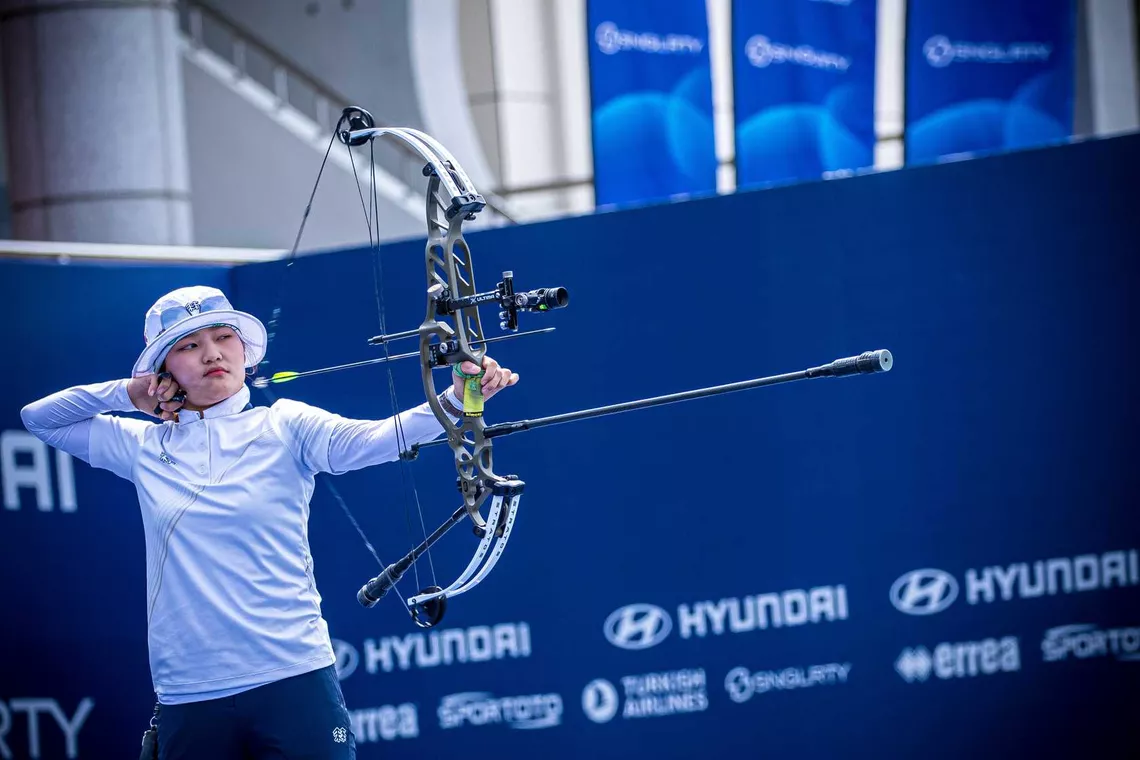 Han Seungyeon shooting at Yecheon 2024 Hyundai Archery World Cup.