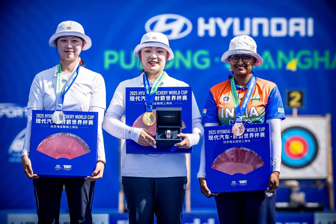 The recurve women’s podium of Shanghai 2025.