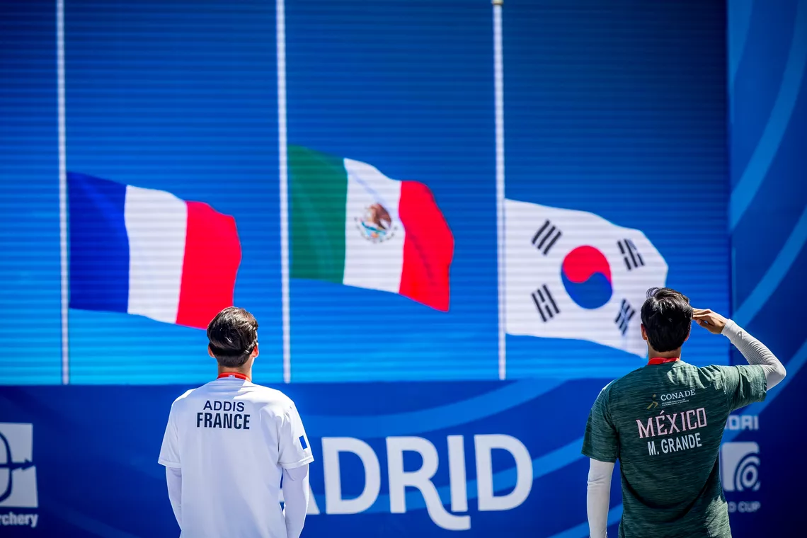 Baptiste Addis (silver) and Matias Grande (gold) on the podium for the Mexican national anthem.
