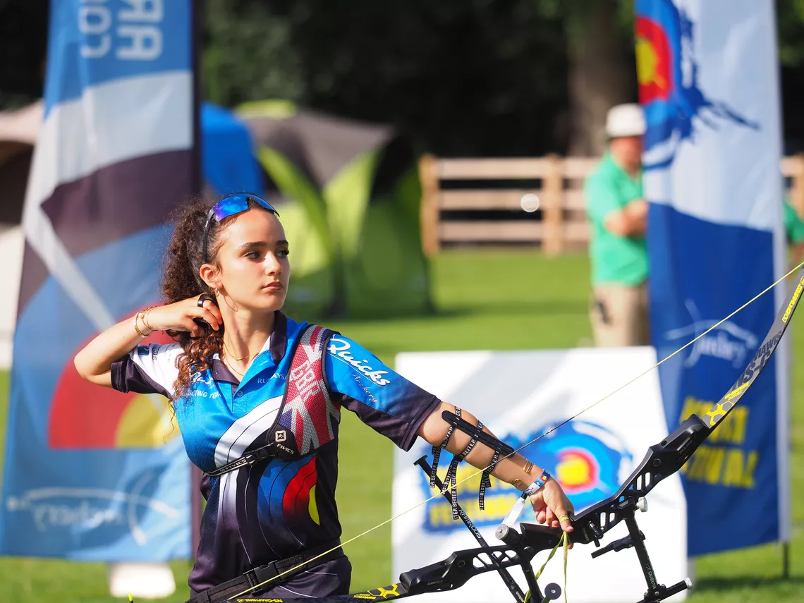 Rumaysa Chader shooting at 2025 Archery GB Youth Festival in Lilleshall.