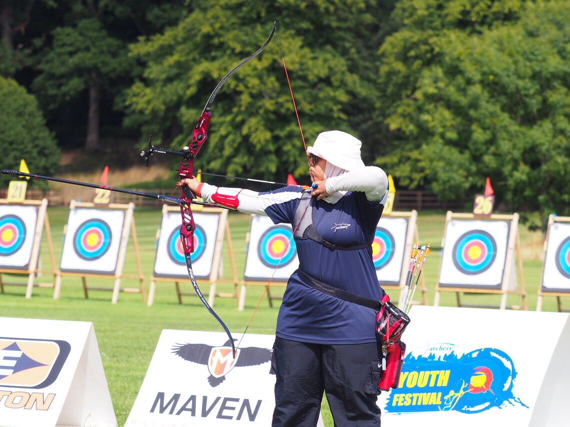 Marjan Abdelfattah shooting at 2025 Archery GB Youth Festival in Lilleshall.