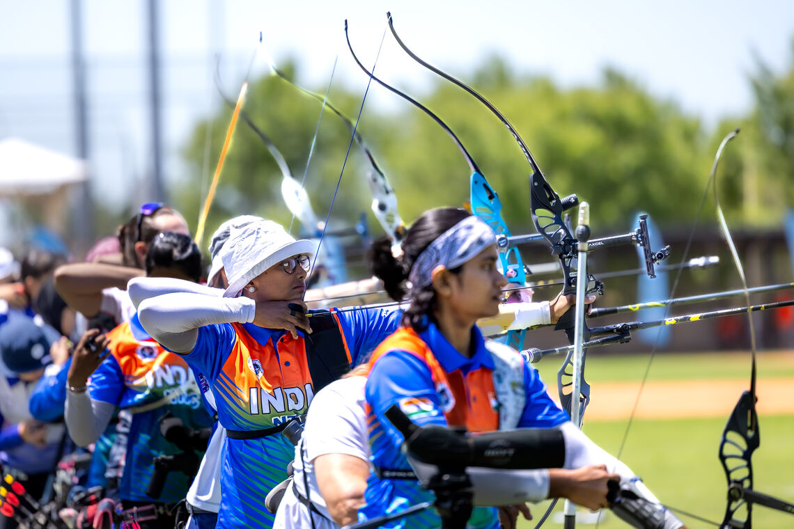 Deepika Kumari shooting at Central Florida 2025 Hyundai Archery World Cup.