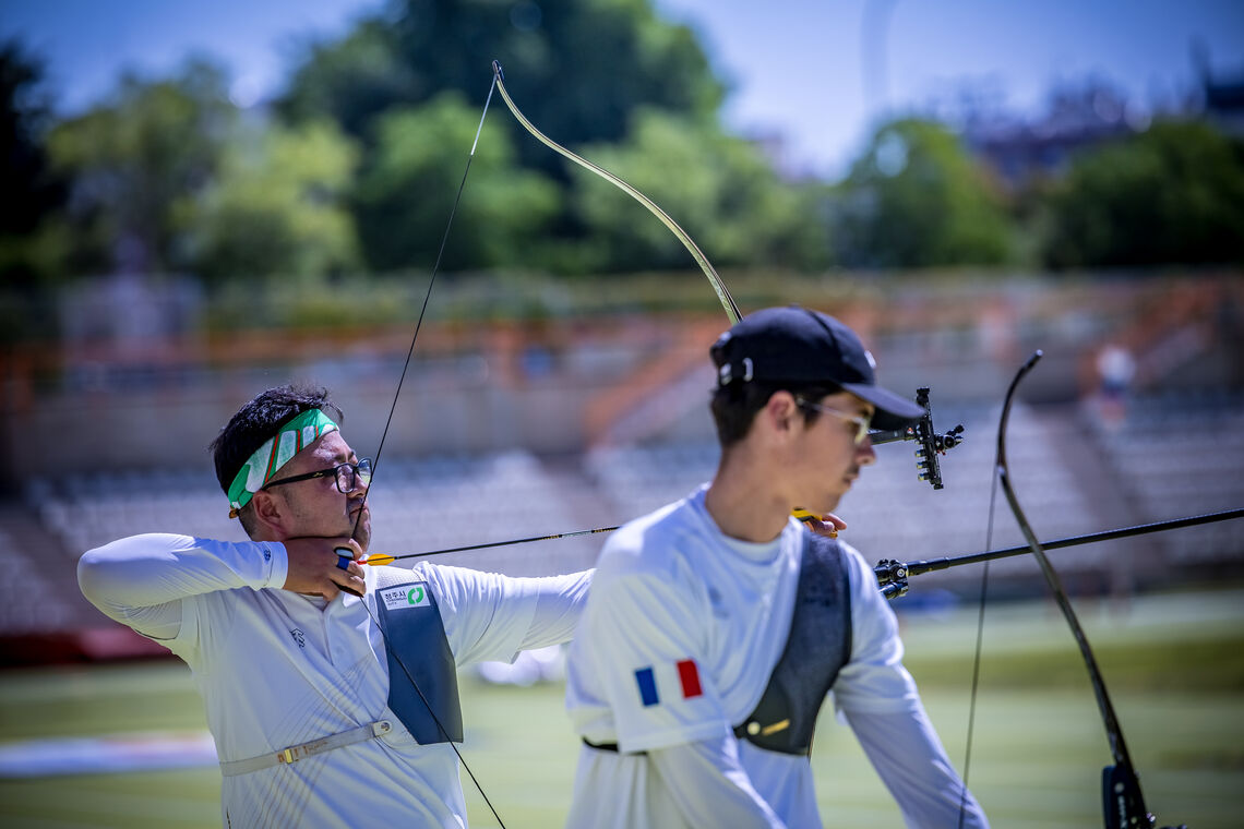 Kim Woojin and Baptiste Addis at Madrid 2025 Hyundai Archery World Cup.