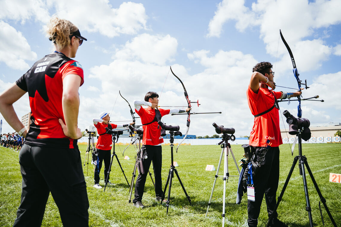 Team Canada with coach Stephanie Barrett in official practice at Winnipeg 2025.