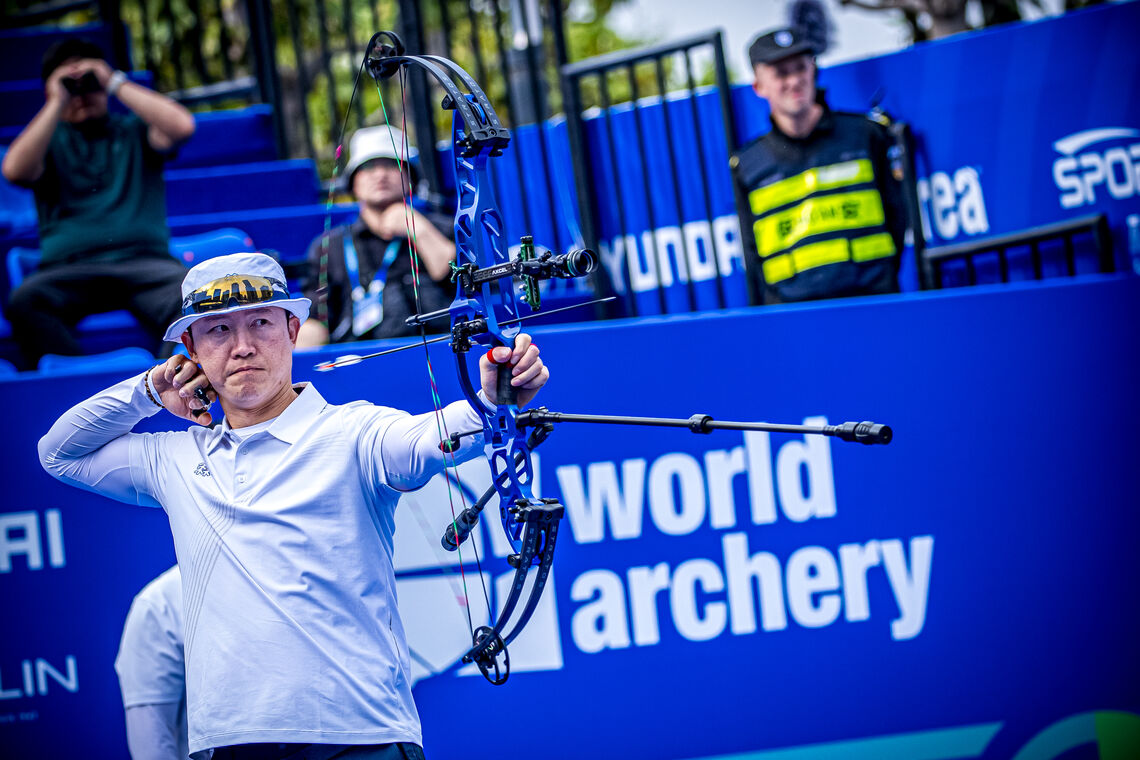Choi Yonghee releasing arrow at Shanghai 2025 Hyundai Archery World Cup.