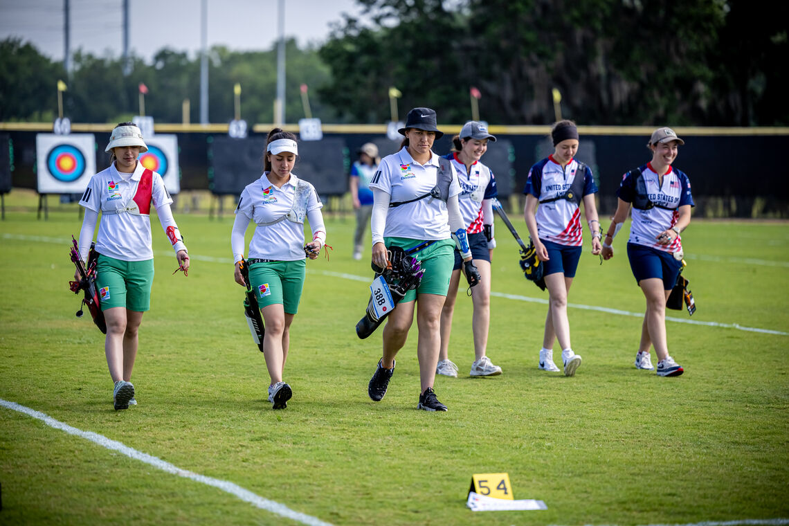 Valentina Vazquez, Karime Montoya Alfaro and Alejandra Valencia at Central Florida 2025 Hyundai Archery World Cup.