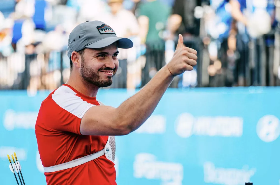 Andres Temino Mediel giving a thumbs up to the crowd.